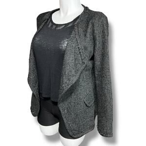Depri Womens Tweed Blazer Jacket Open Front Long Sleeve Tailored Gray Black Larg